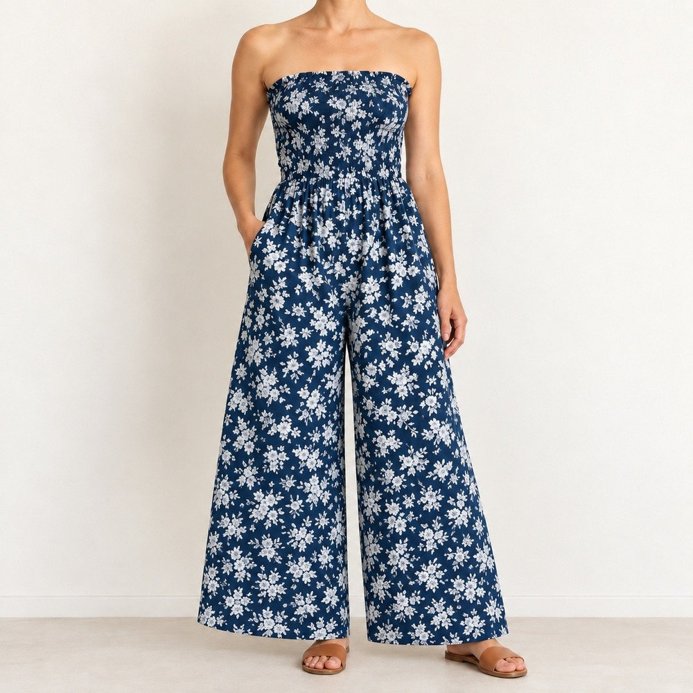 No Comment Navy Blue Floral Strapless Wide Leg Jumpsuit Womens Large NWT